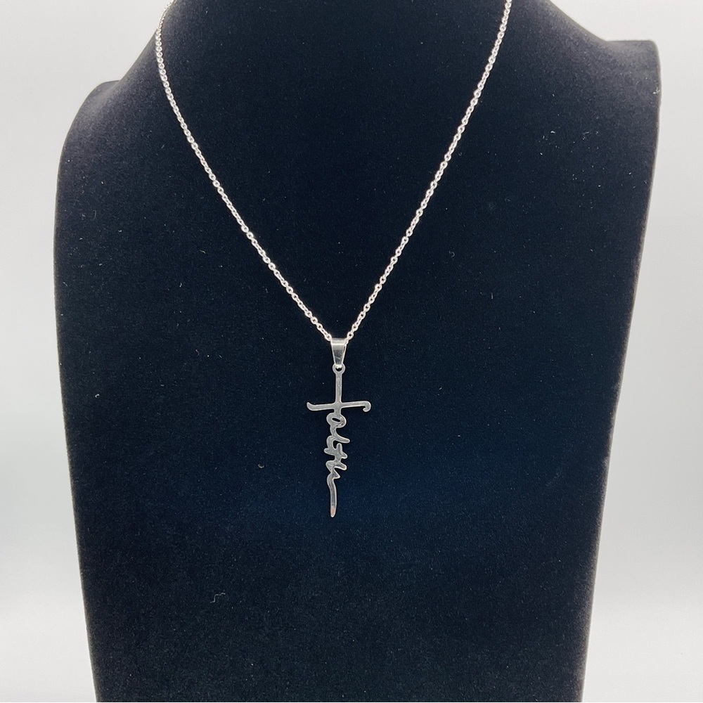 Faith Necklace Silver Tone Stainless Steel 8” w/Chain Extension Jesus Christian